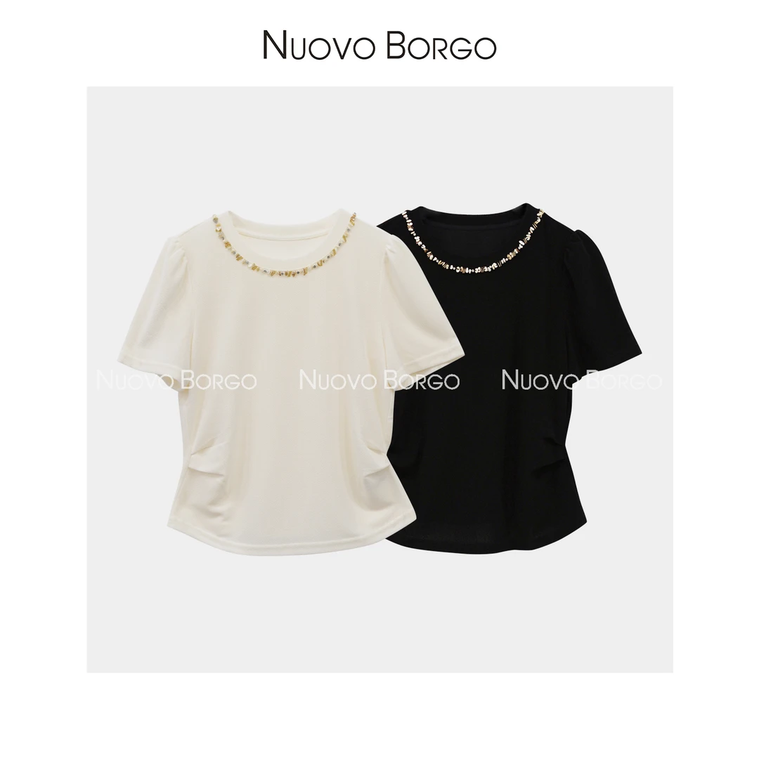 Nuovo Borgo 贝壳手工钉珠圆领短袖醋酸针织衫通勤薄款T恤 0091