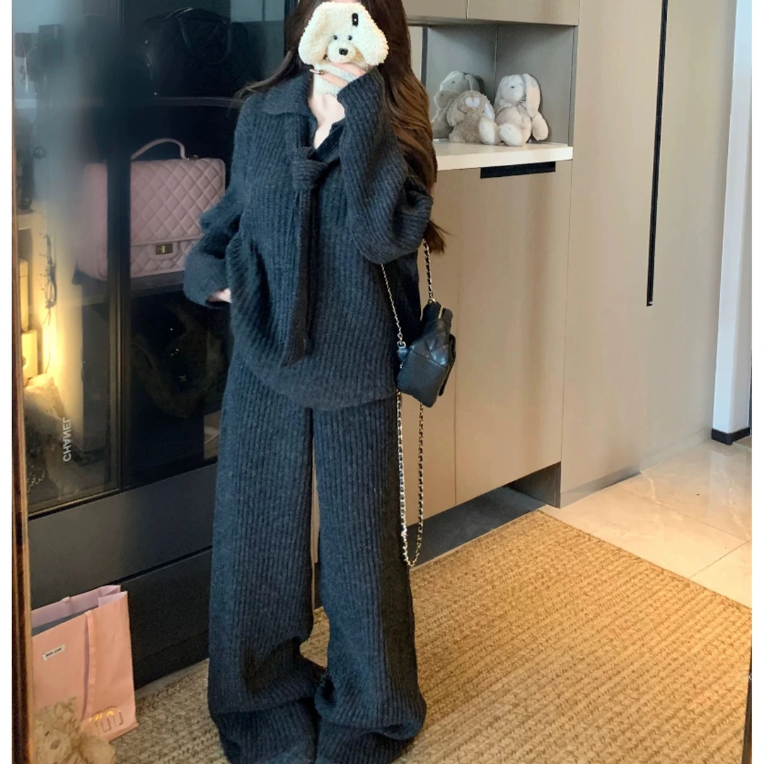 【晨浠定制】新款时尚飘带翻领休闲毛衣长裤套装905