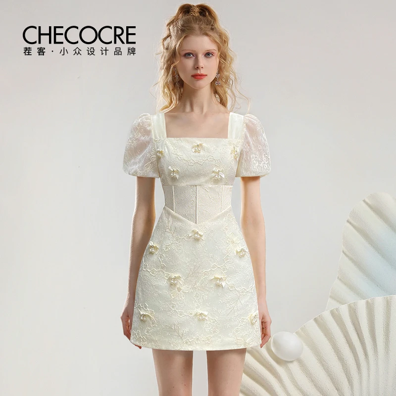 茬客法式气质连衣裙夏新款名媛轻奢蝴蝶结蕾丝亮片小短裙CM710008