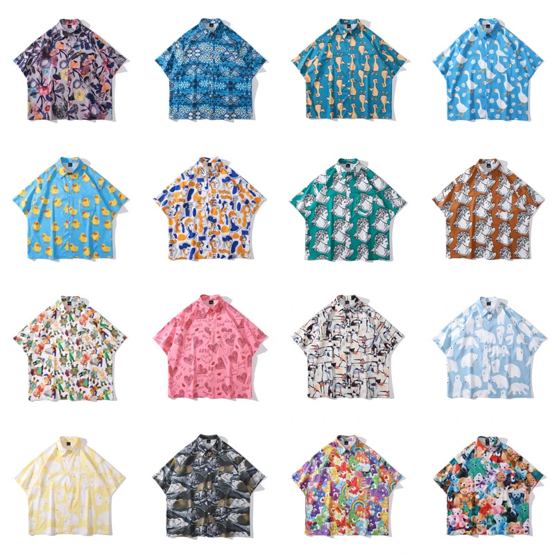 夏季复古趣味动物满印花短袖衬衫男女情侣潮牌街头宽松bf风花衬衣
