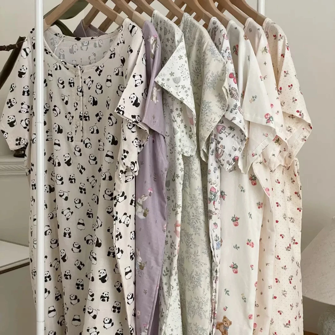 睡个好觉夏新款亲肤睡裙居家休闲圆领家居服女纯棉双层纱短袖睡裙