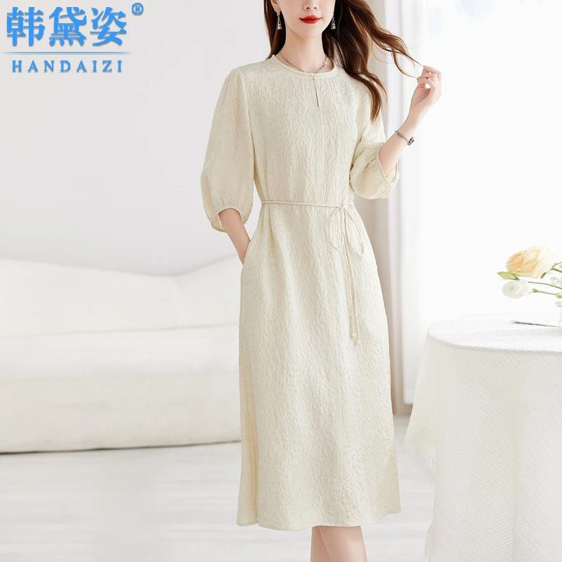 杭州时尚高端冠乐皱重磅真丝连衣裙女中长款气质中袖桑蚕丝裙子夏