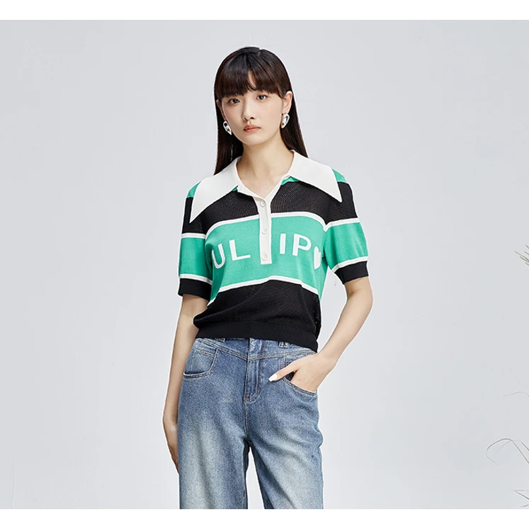 【直播专享】商场同款新品黑绿撞色宽条纹针织衫NDY4B32599