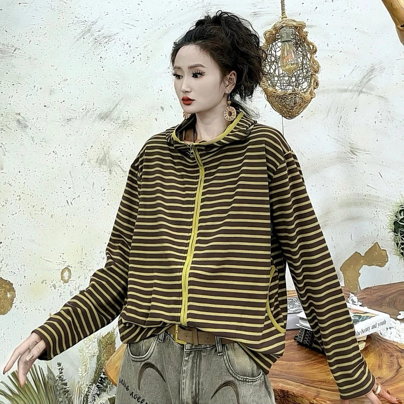 【亿火】2025早秋季流行穿搭外套女条纹连帽开衫小众设计上衣-8829