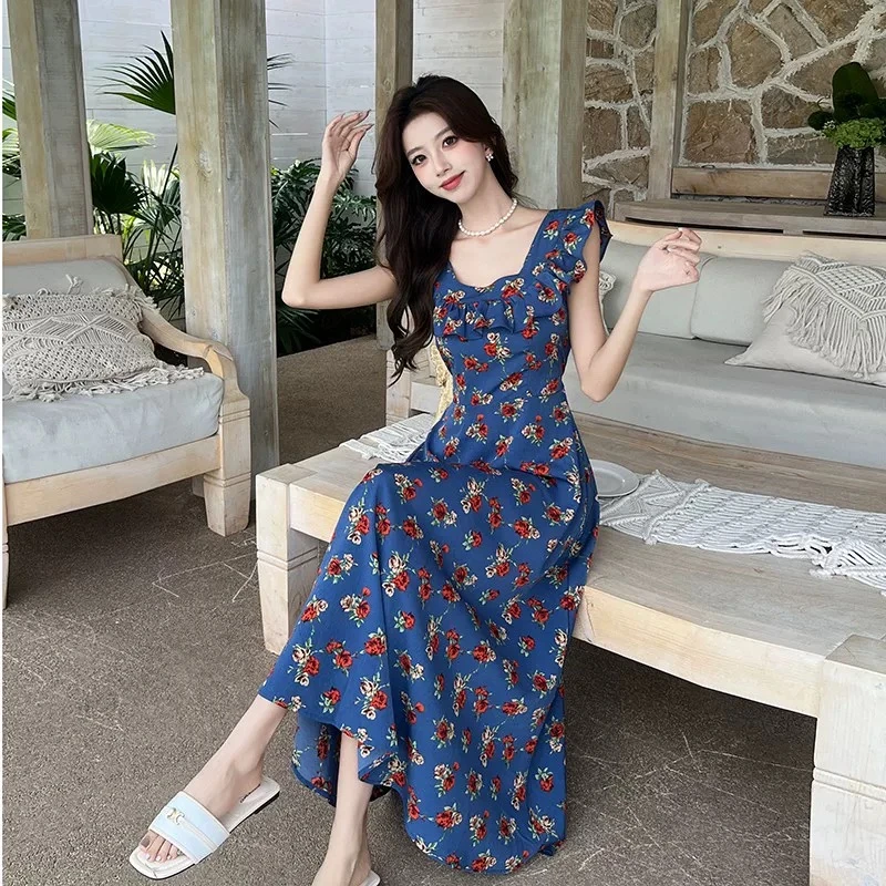 夏季碎花裙灰色花朵中长款复古收腰连衣裙1192