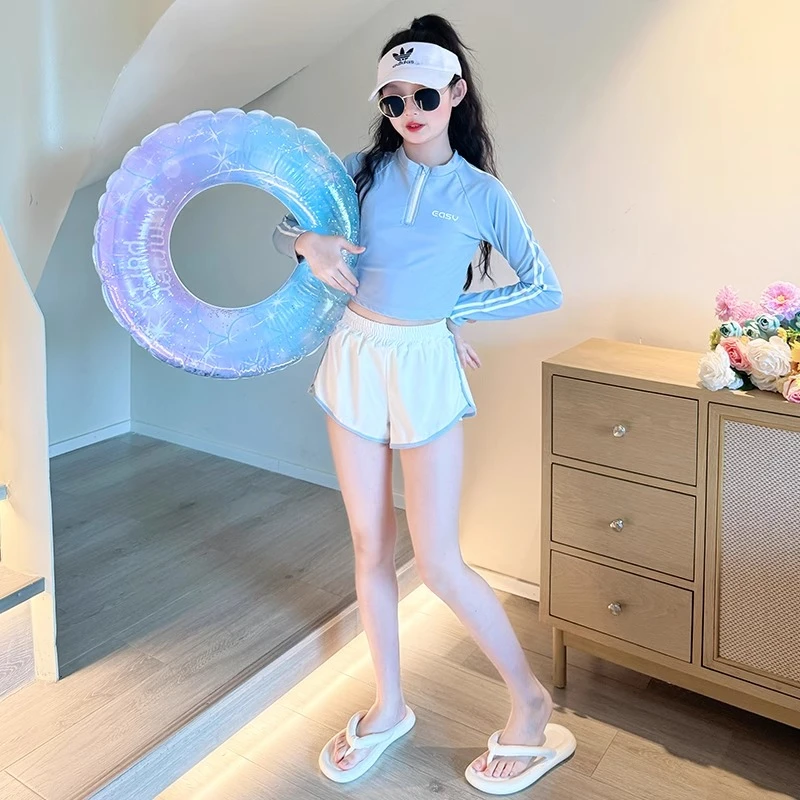 女童泳衣高颜值2025新款儿童洋气分体泳装大童女孩长袖防晒游泳衣