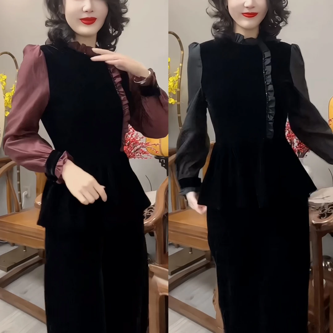 洋气衫女气质百搭木耳边收腰显瘦上衣搭配裤子两件套女87555685