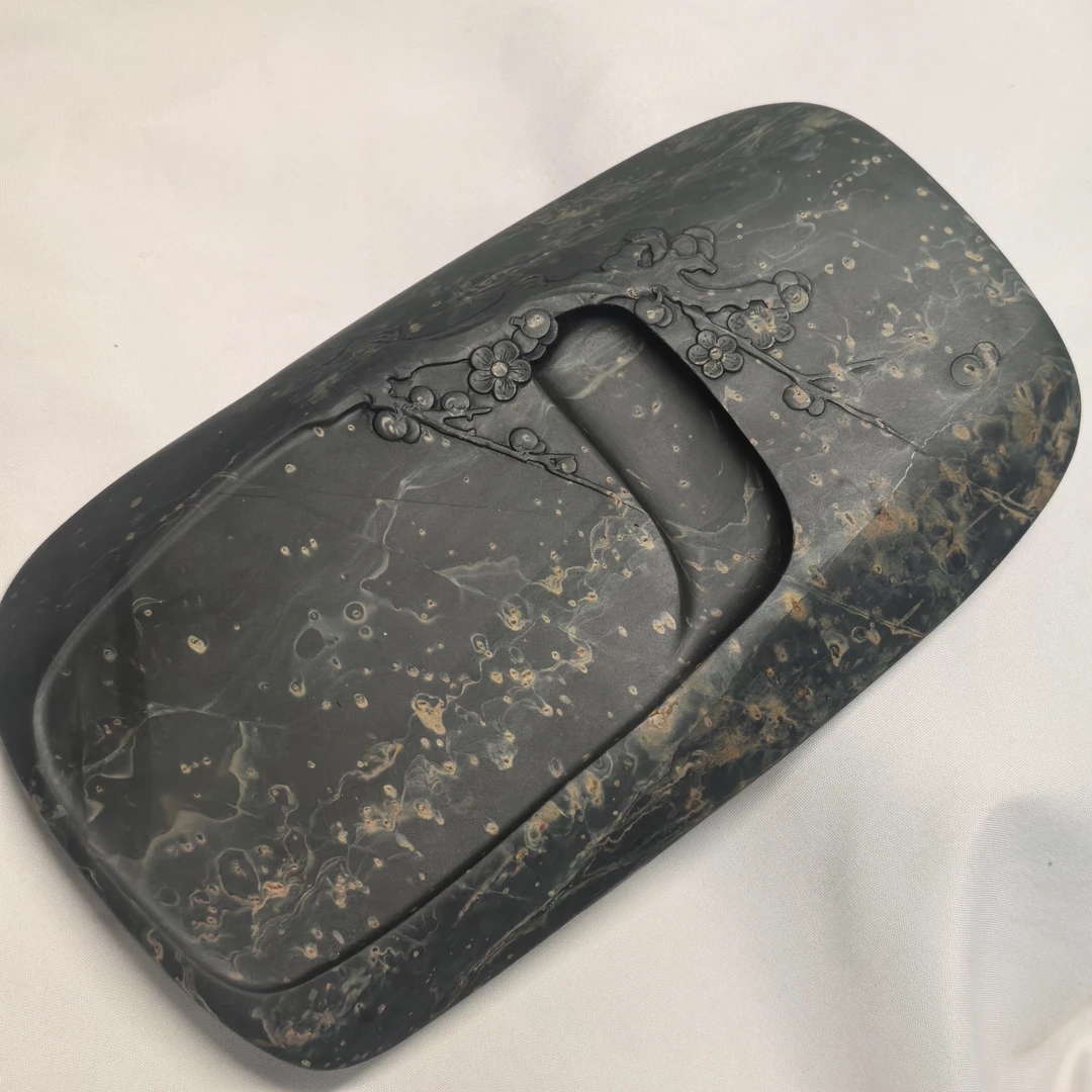 歙砚高档老坑金星梅花随型雕刻砚台18*10.5*2送礼收藏文房精品