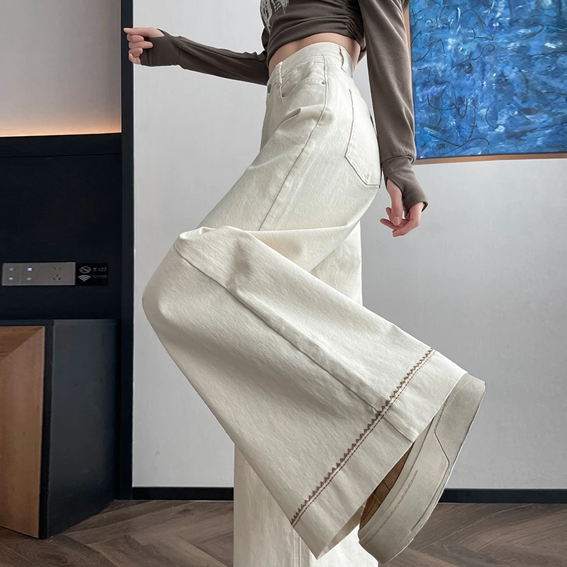 白色国潮刺绣阔腿牛仔裤女2025秋季新款高腰弹力宽松不沾腿拖地裤