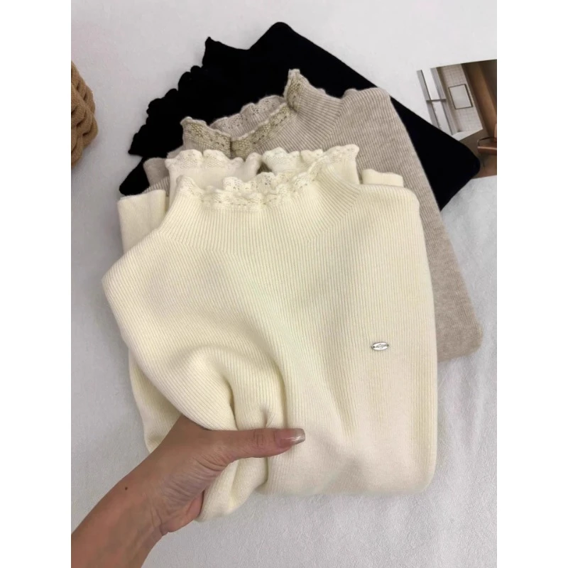 半高领木耳花边针织衫女秋冬韩系流行叠穿内搭毛衣长袖打底衫上衣