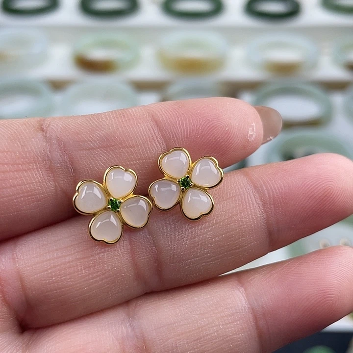 和田玉银S925镶嵌珠宝奇石耳环