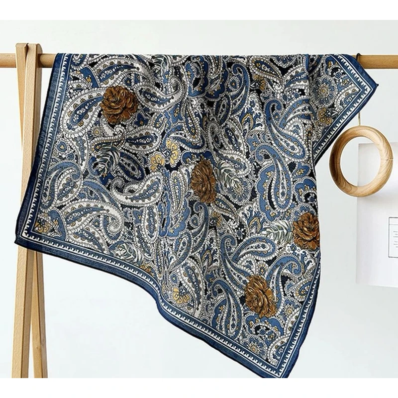 【蓝韵腰果大号】135*135棉麻春秋冬款国风高端丝巾P737