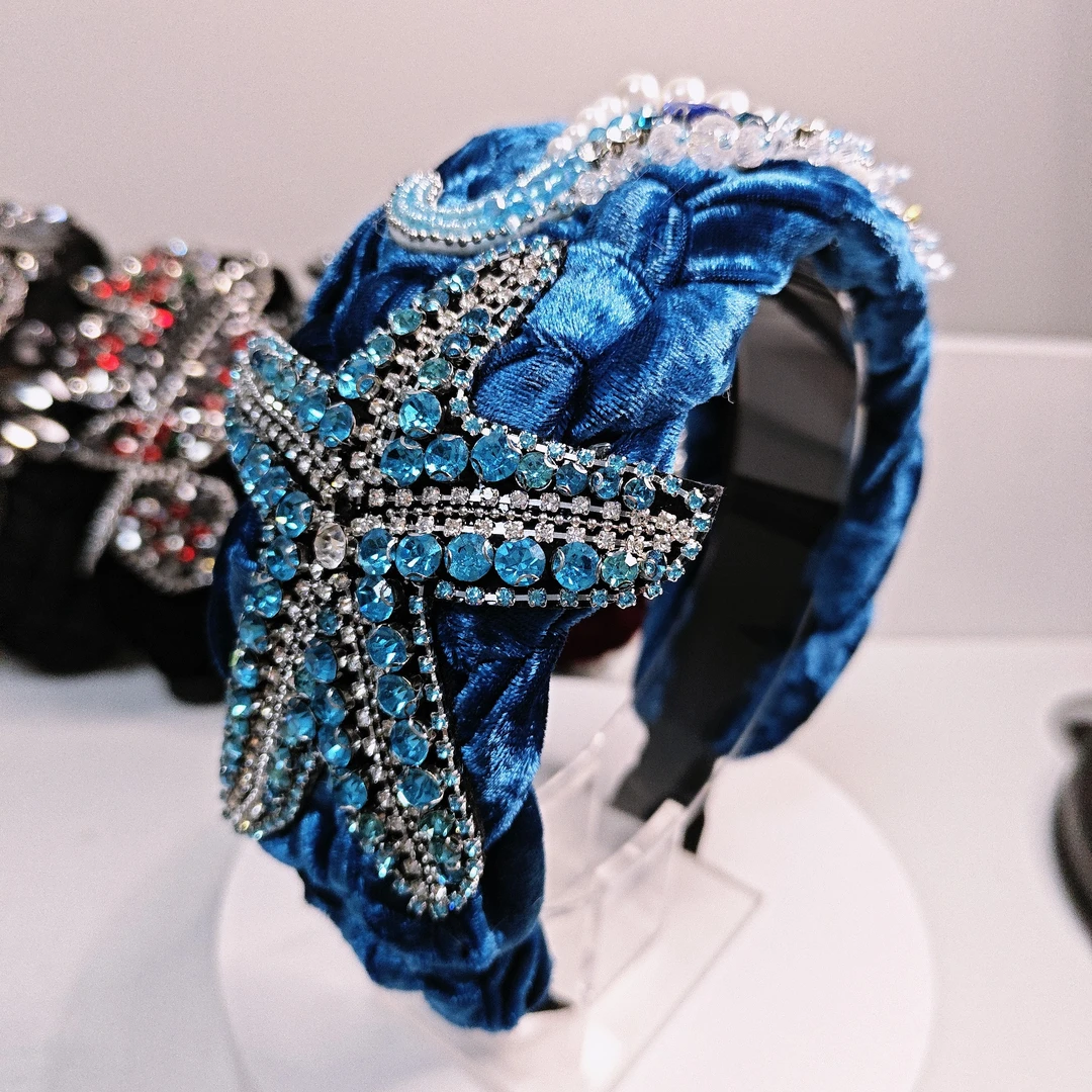 原创设计重工海星闪钻蓝色海洋发箍丝绒编织宽边高颅顶遮白发头饰