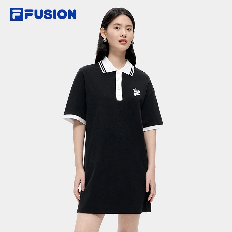 FILA斐乐夏季宽松短袖翻领简约休闲透气连衣裙女款T11W323314F