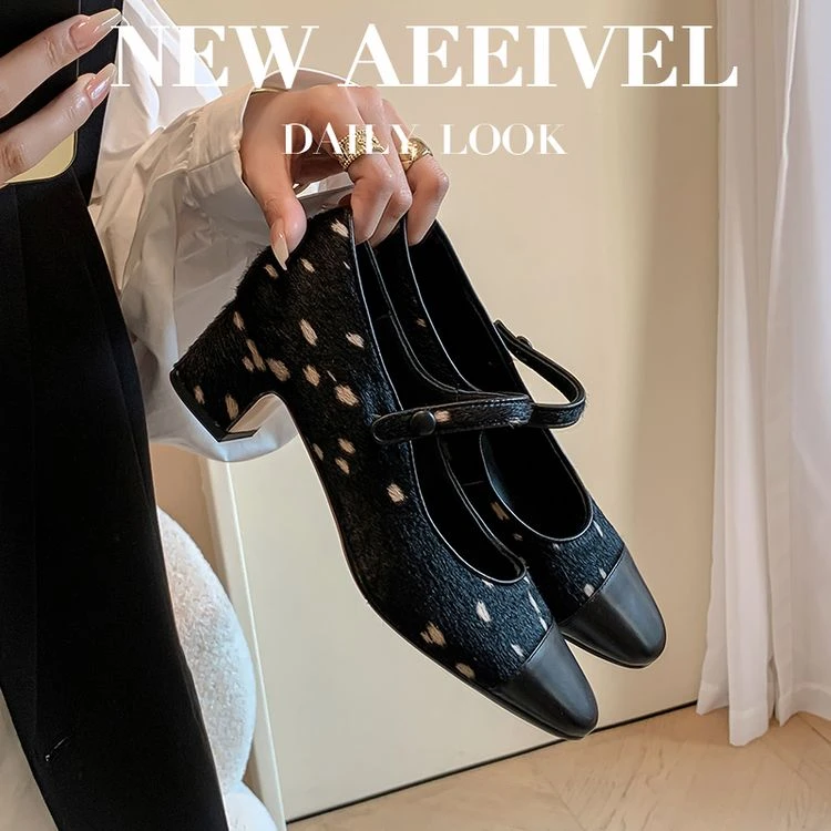 【蔻牌女鞋】4.5cm玛丽珍鞋方头春季单鞋中跟复古时尚百搭真皮单鞋