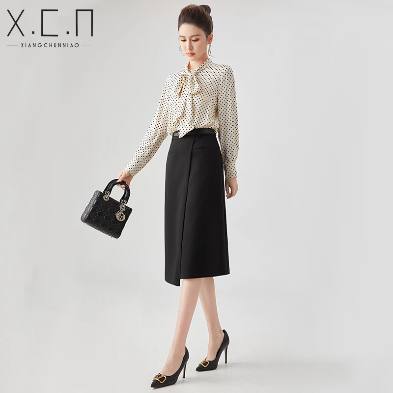 高级感雪纺衬衫上衣女气质通勤夏季波点设计感飘带领职业XCN823