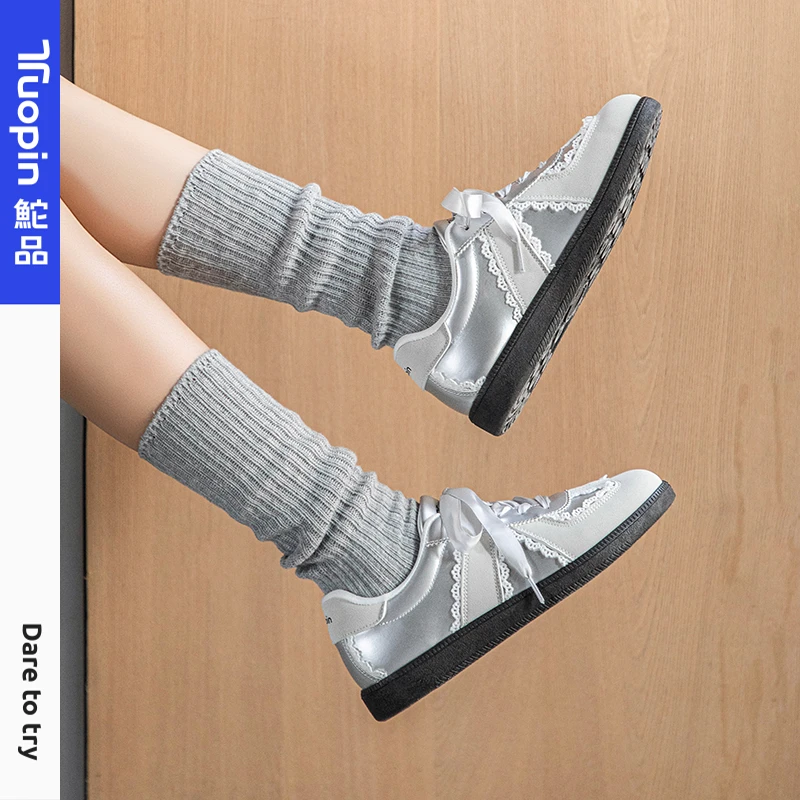 鮀品蕾丝花边德训鞋2025春夏上班银色时尚经典简约韩版ins板鞋