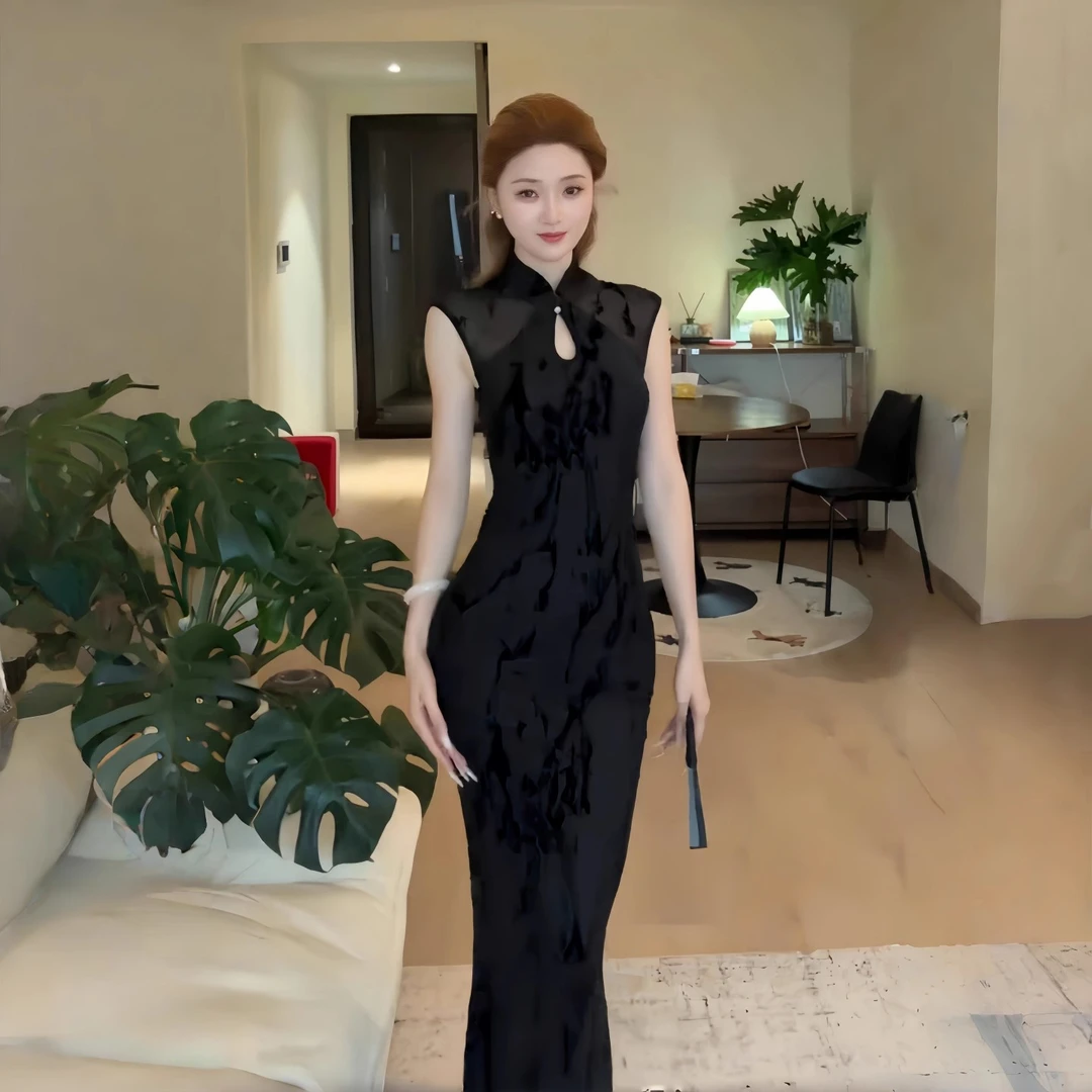 新中式改良旗袍黑色连衣裙女夏季复古御姐高级感性感气质收腰长裙