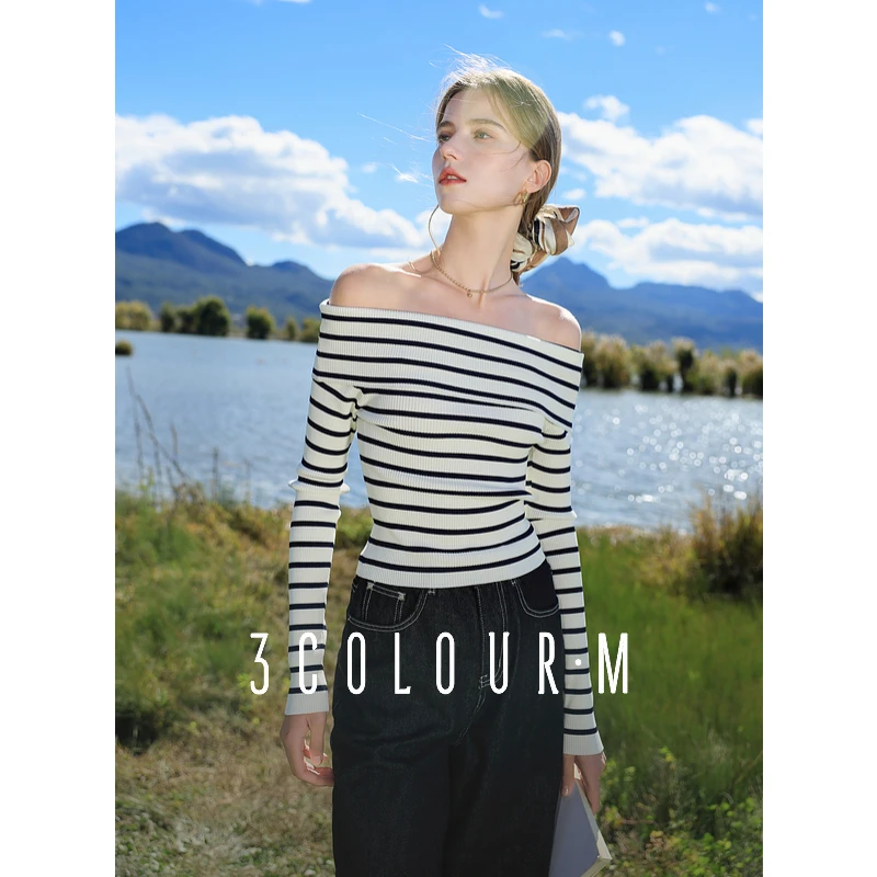 三彩2025春季新款条纹毛衫一字肩显瘦修身气质针织衫上衣M