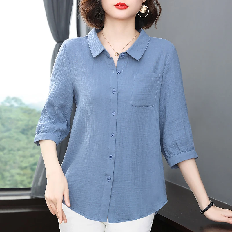 中袖七分袖上衣女纯棉衬衫初秋2025新款女装宽松休闲女士时尚薄款