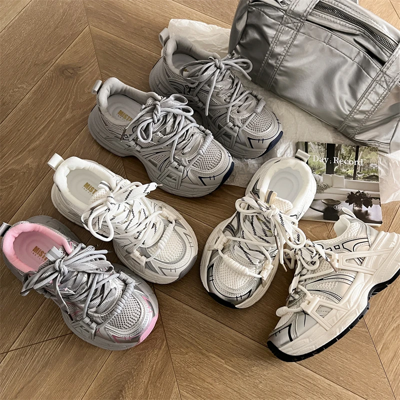 银粉色低帮韩版百搭学院系带厚底增高时尚青春潮流港风休闲老爹鞋