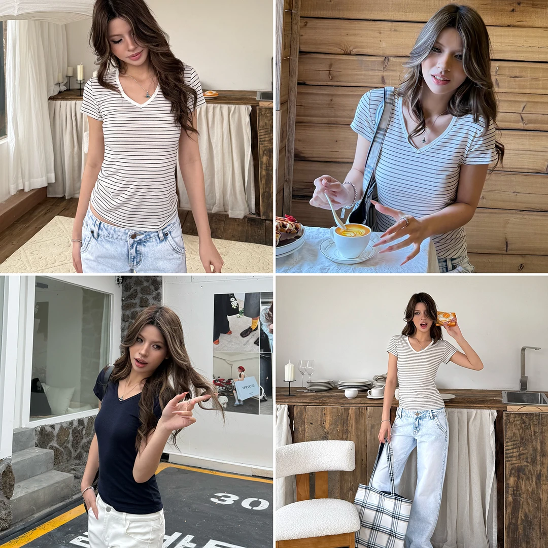 Audwyn天丝羊毛V领短袖T恤春夏新款宽松显瘦慵懒休闲正肩辣妹上衣