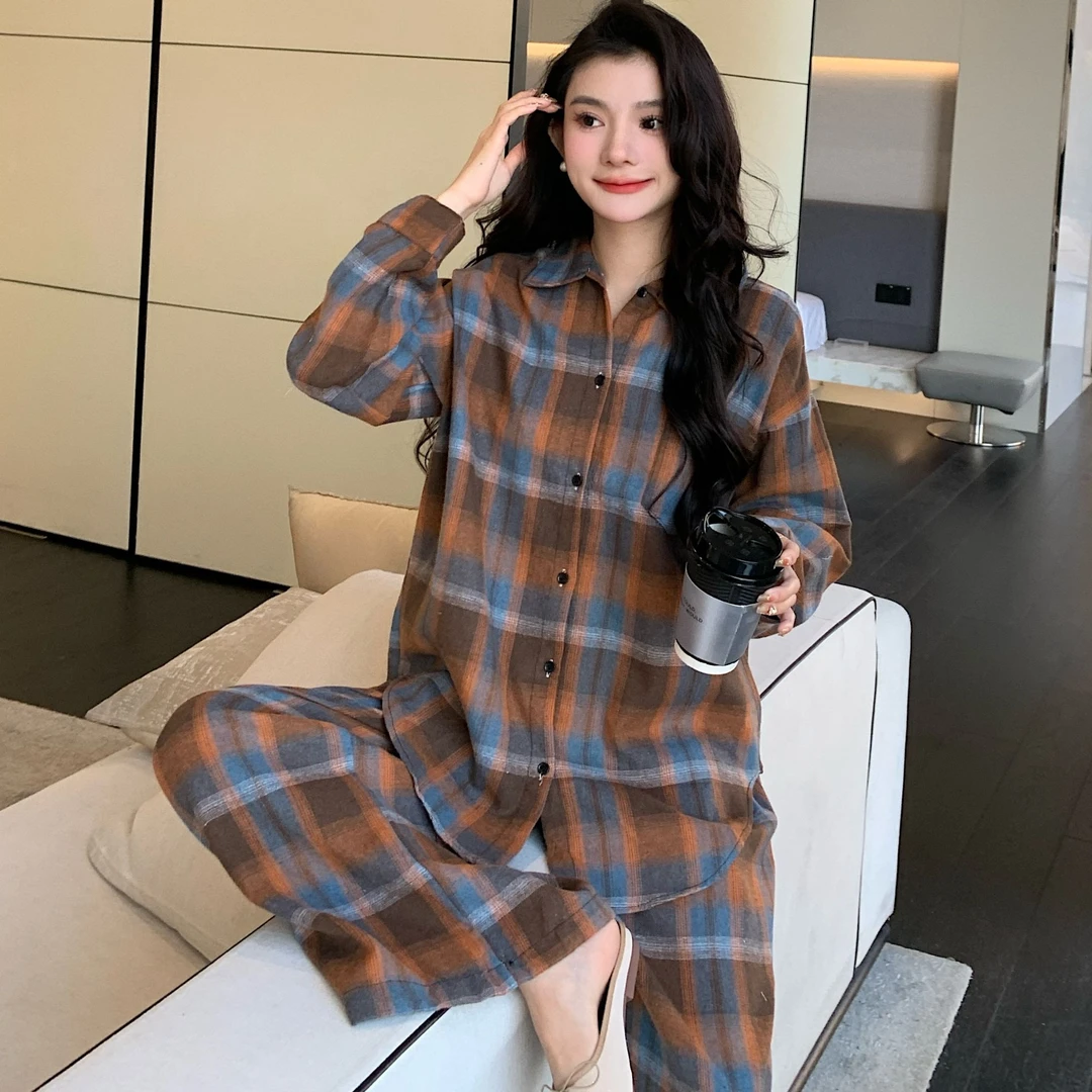 【新疆包邮】复古格子polo领衬衫睡衣女秋季韩版宽松衬衣休闲套装