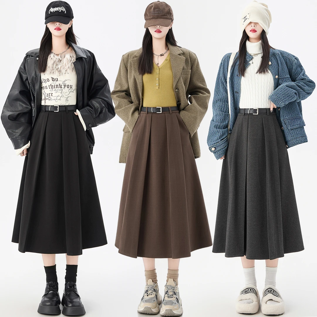 灰色毛呢半身裙女秋冬季2025新款显瘦垂感伞裙a字中长款百褶裙子