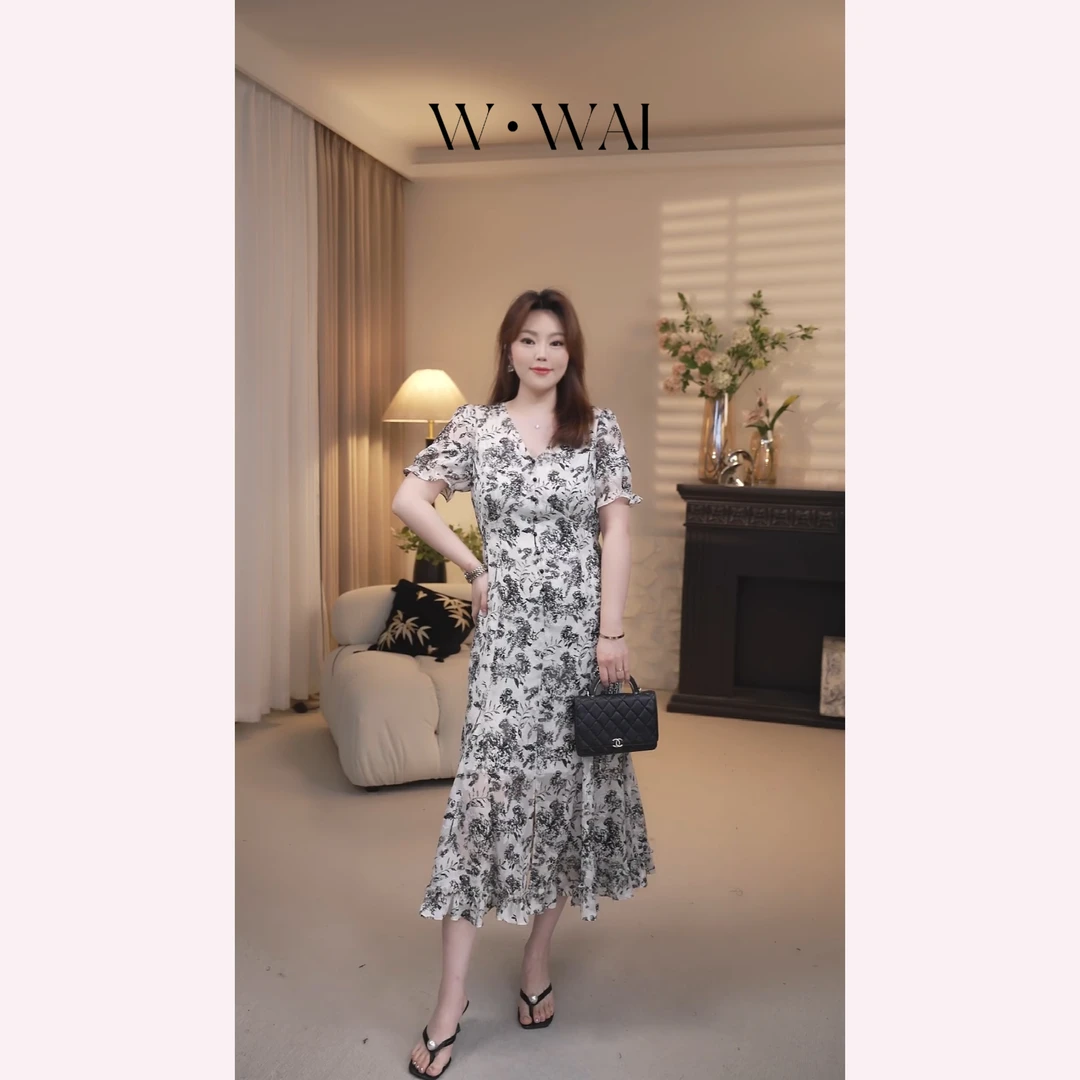 【水墨】显瘦V领开叉鱼尾裙新中式黑白印花连衣裙 X52L609