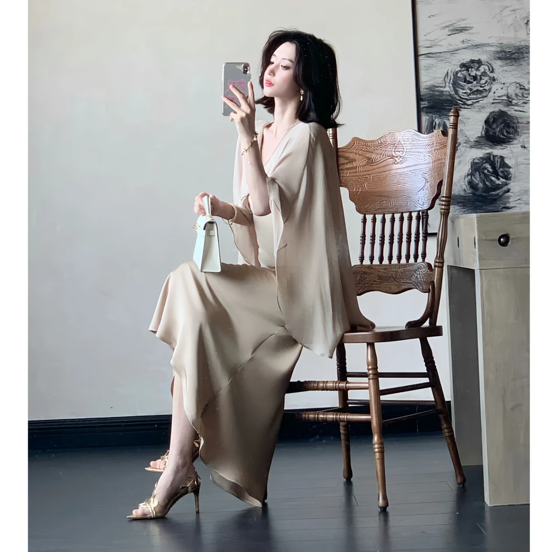 【大晶定制】“流光云纱”夏季新款网纱优雅披肩V领收腰缎面连衣裙