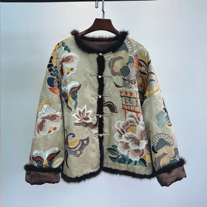 拉贝碧 新中式重工刺绣苗绣新中式加棉宽松外套 棉服棉衣短款时尚