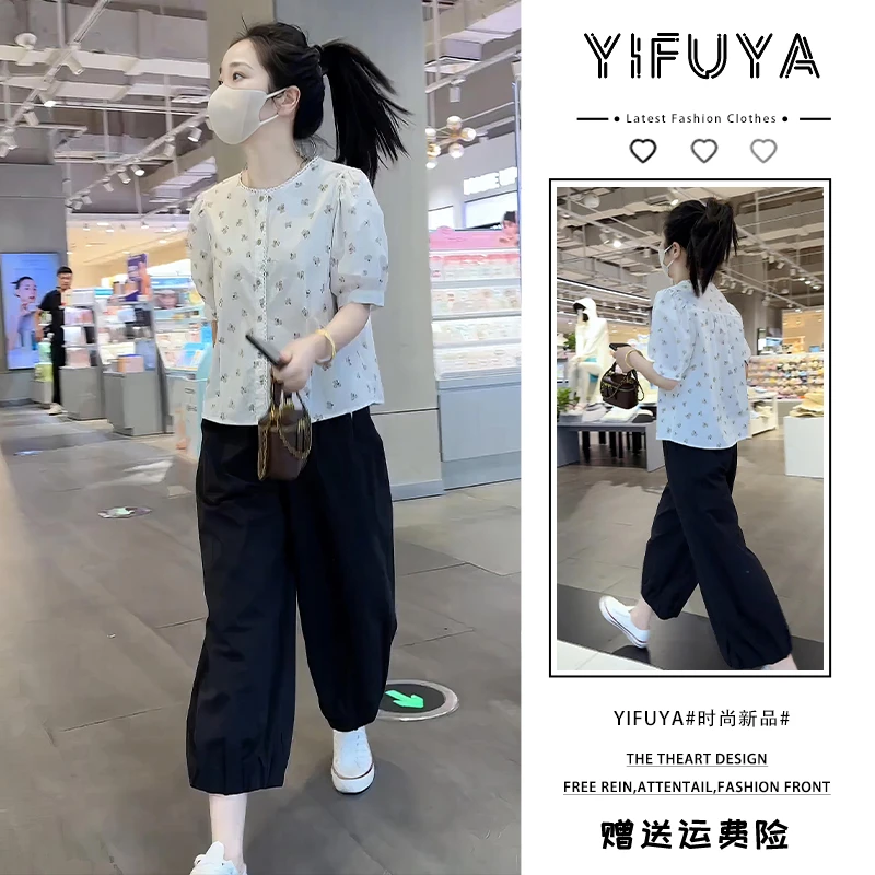 2025年夏季网红爆款碎花衬衫黑色九分裤微胖显瘦盐系减龄气质套装