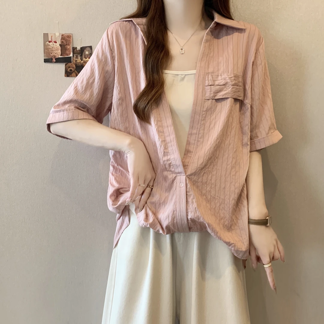 冬实拍~大码胖mm宽松假两件设计感百搭显瘦衬衫气质通勤短袖上衣