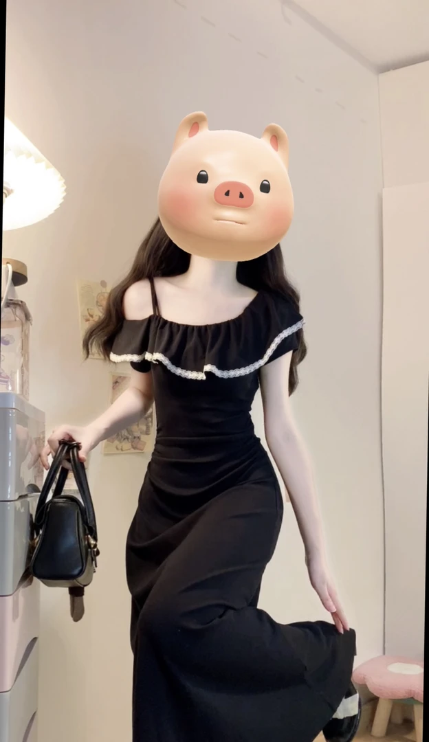 2025夏季时尚气质荷叶边露肩连衣裙女装新款优雅显瘦长款小黑裙