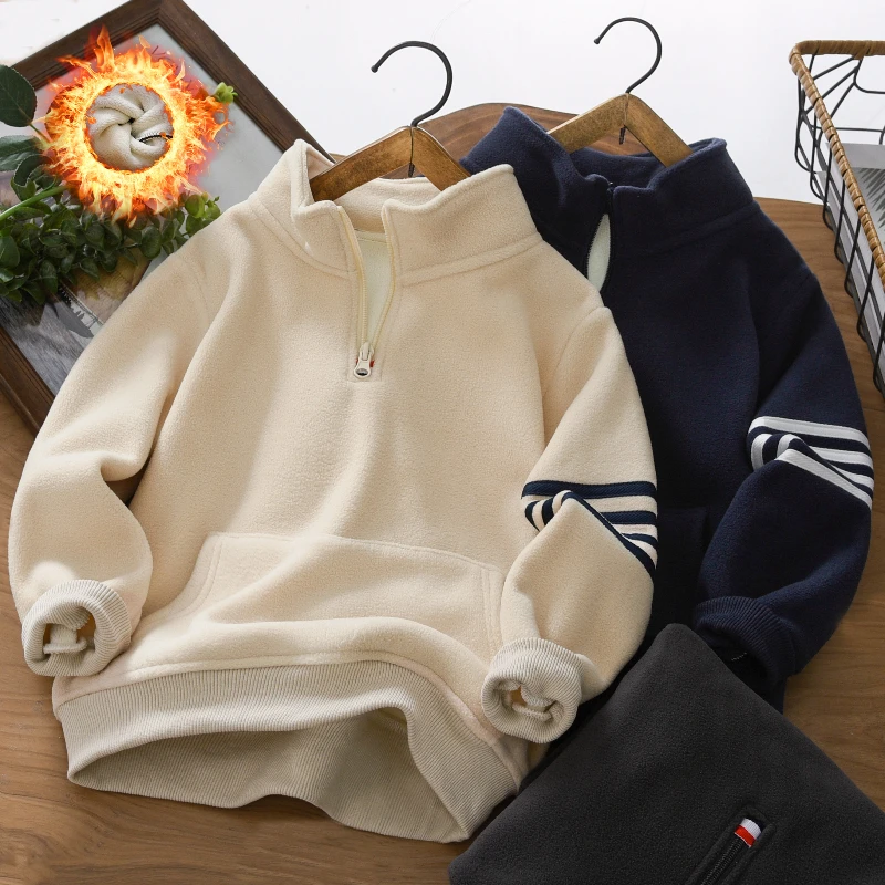 男童半高领卫衣冬季2025新中大童加厚双面绒男孩儿童装加绒打底衫