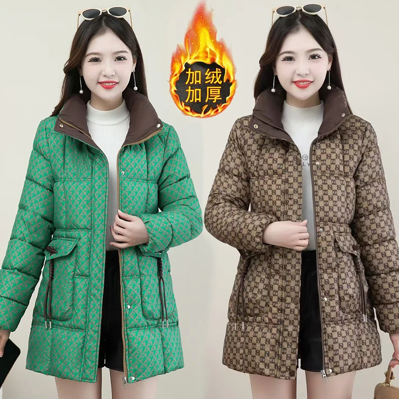加厚加绒妈妈装棉衣女中长款2024冬季立领棉服洋气中老年休闲棉服