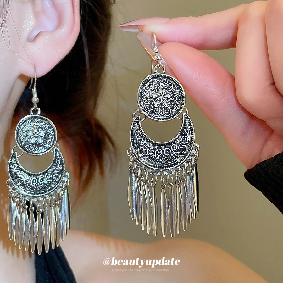 合金耳饰 星月组合流苏耳钩民族风耳环个性小众设计感耳饰