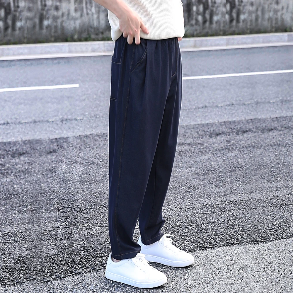 时尚软牛仔裤微锥凉感宽松休闲裤男士直筒垂感单宁蓝复古长裤子