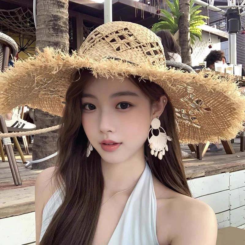 2025新款镂空拉菲草帽女夏海边沙滩拍照遮阳防晒帽大帽檐太阳帽子