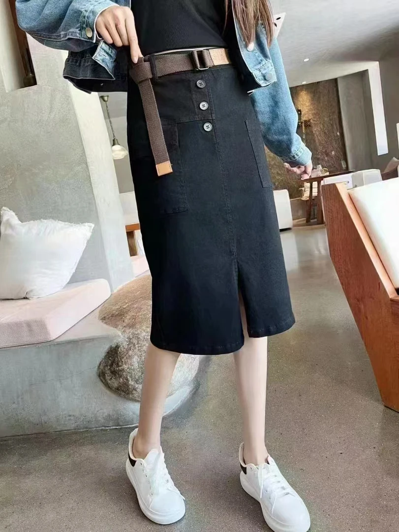 秋冬中长高腰洗水棉条绒包臀半身裙子