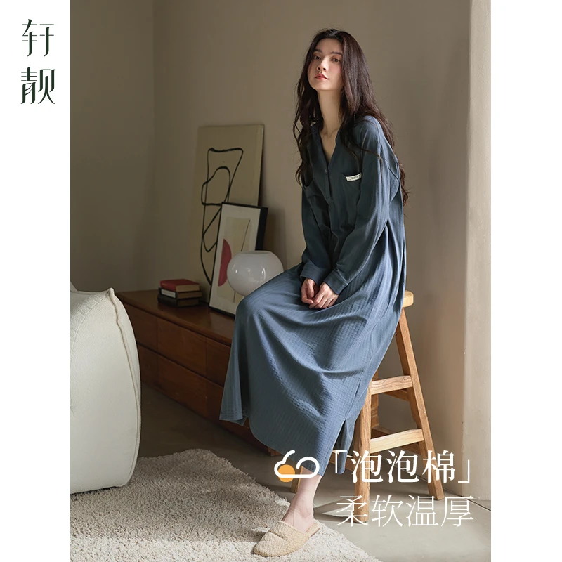 【纯棉】泡泡棉睡裙女春秋季长袖睡衣时尚高级感大码家居服连衣裙