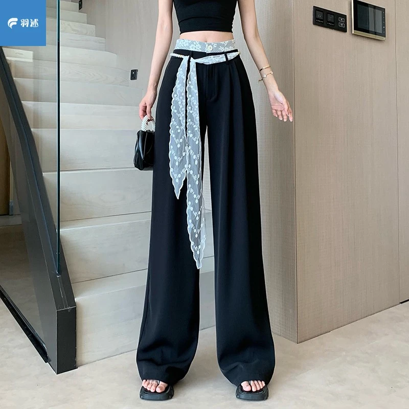 黑色蕾丝花边拼接西装阔腿裤女春季高腰垂感宽松休闲直筒裤长裤子