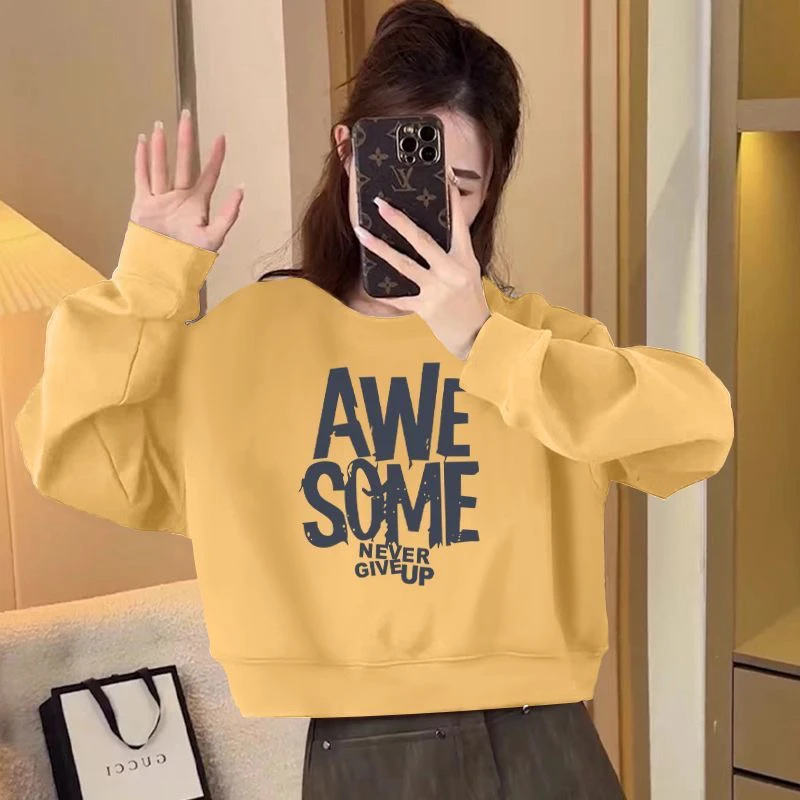 2025新款圆领套头短款卫衣女加绒加厚秋冬上衣百搭小个子春秋薄款