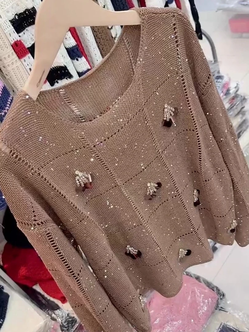 高级感棕黄色圆领针织衫重工烫钻格子镂空时尚长袖薄款毛衣女早秋