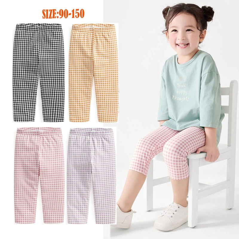 夏季女童打底裤纯棉弹力女孩七分裤女宝宝格子打底裤百搭休闲裤