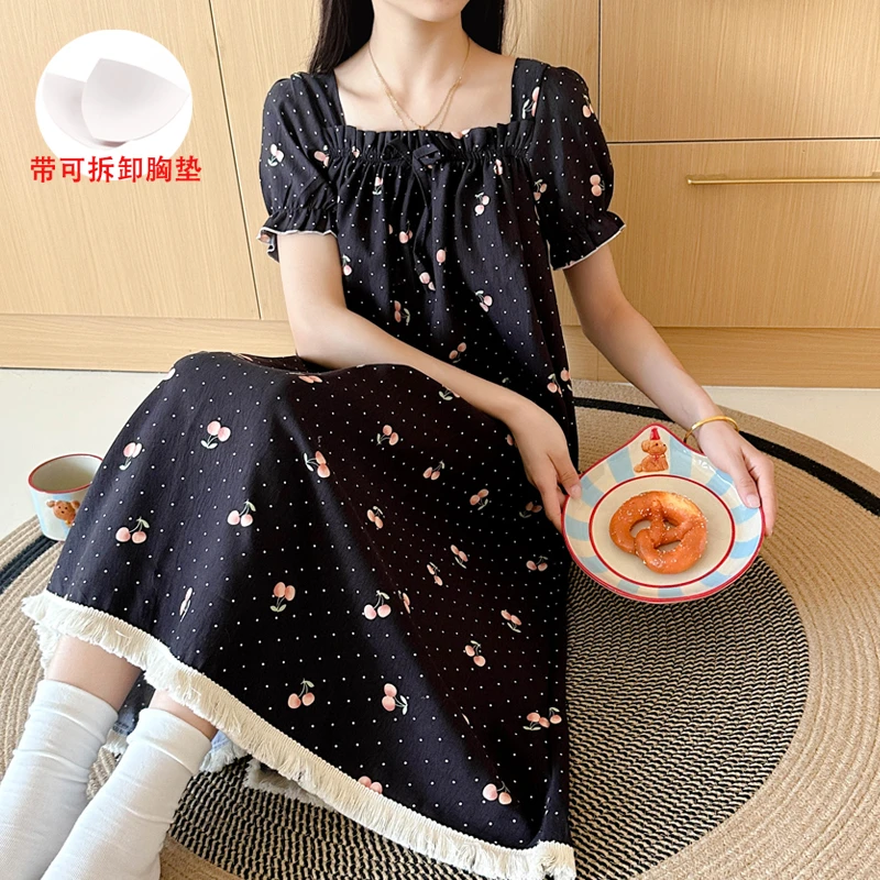 网红爆款新款樱桃睡裙女夏季短袖宽松大码女款公主过膝家居服夏天