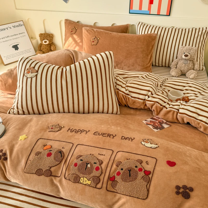 呆萌卡皮冬季A类牛奶绒四件套美拉德加厚双面加绒毛巾绣被套床单