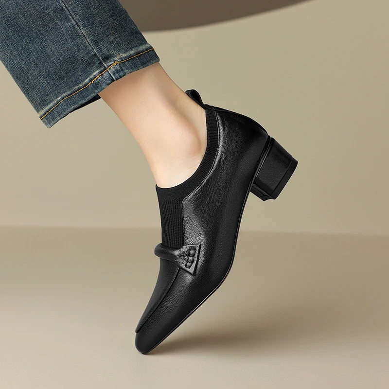 李大龙~牛皮4公分/英伦风百搭复古中跟尖头单鞋深口粗跟时尚女鞋