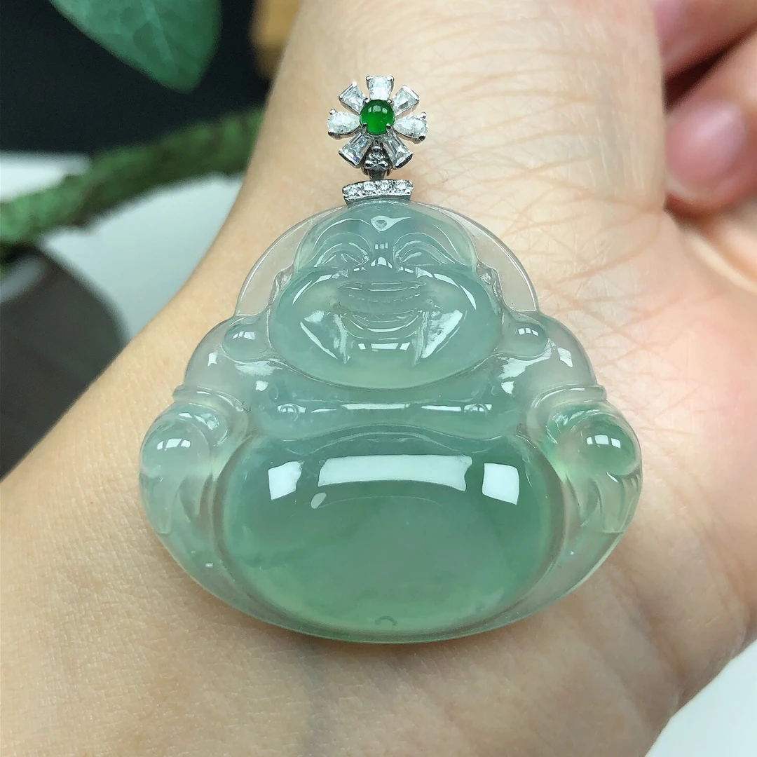 天然缅甸A货翡翠18K金镶老坑冰润飘绿大肚笑佛佛公吊坠31*34*6.7
