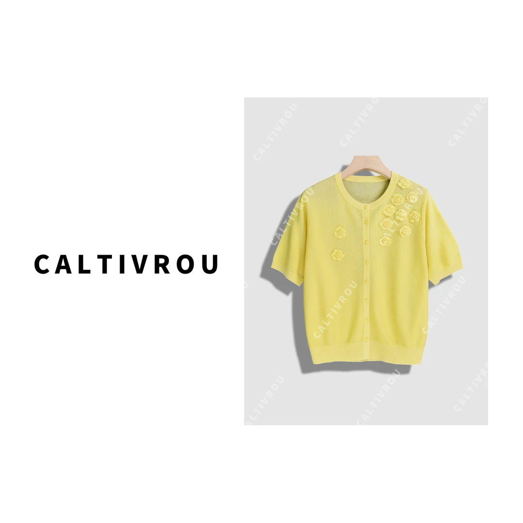 Caltivrou【蕊蕊】圆领贴布花宽松薄款短袖针织衫-Y16546